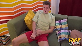 Young Blonde Girl Experiences Her First Threesome With Two Well-Endowed Men In A Faux Hostel